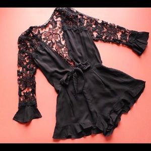 Black Floral Crochet Lace Bell Sleeve Romper